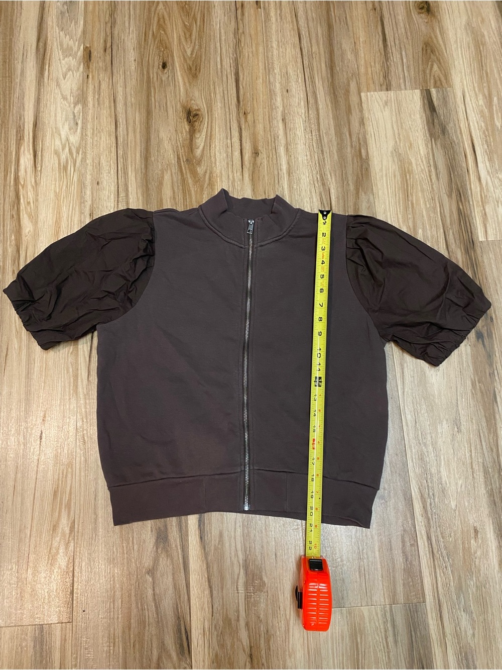 EVEREVE JORDAN PUFF SLEEVE SHORT SLEEVE FULL ZIP TOP JACKET COCOA BROWN SZ SMALL - Picture 5 of 9